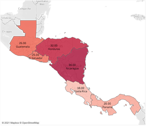 Mapa 1. Porcentaje de usuarios de internet que confían ampliamente en el contenido de redes sociales compartido por otros usuarios. Fuente: Elaborado por INCAE con datos de Inclusive Internet Index.